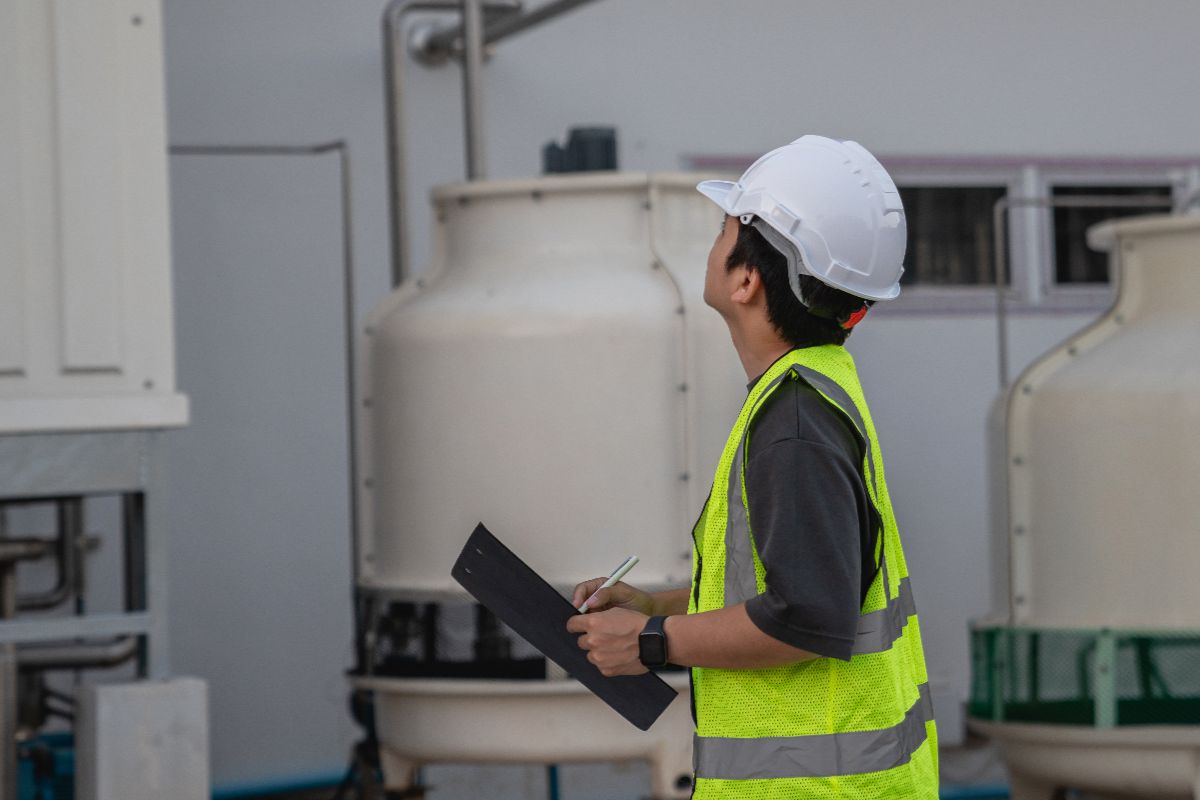 Technician conducting an inspection inside an industrial water treatment facility while holding a clipboard for operational monitoring.