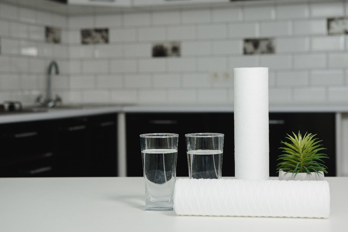 Two glasses of water beside filter cartridges and a small plant on a kitchen counter