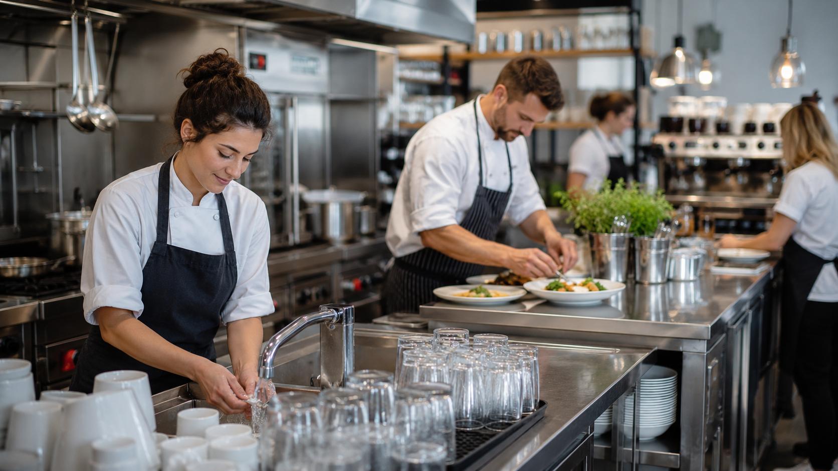 Busy commercial kitchen staff preparing food and washing glassware in a professional food service environment