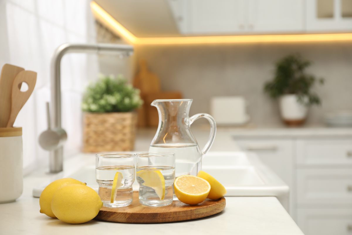 Glasses of water with lemon and a pitcher on a kitchen counter, highlighting clean water for restaurant planning.