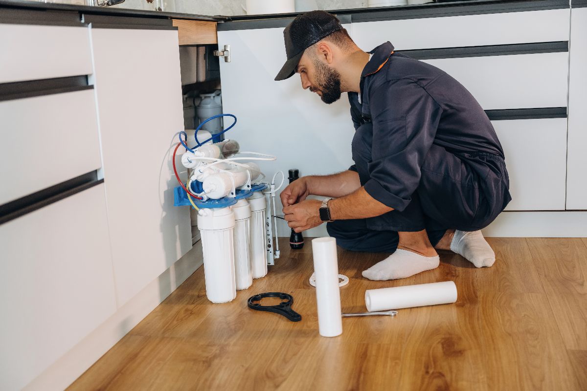 Technician installing an under-sink water filtration system as part of restaurant kitchen infrastructure