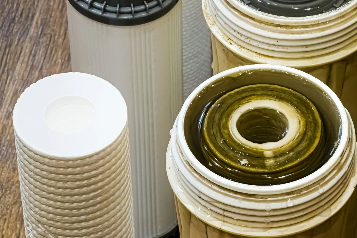 Used water filter cartridges showing dark sediment buildup, illustrating contaminants removed during filtration