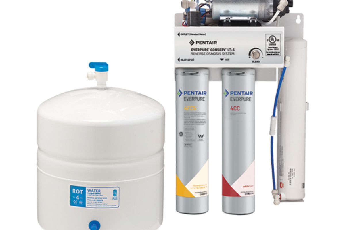 Pentair Everpure reverse osmosis system with storage tank, filter cartridges, tubing, and mounted components
