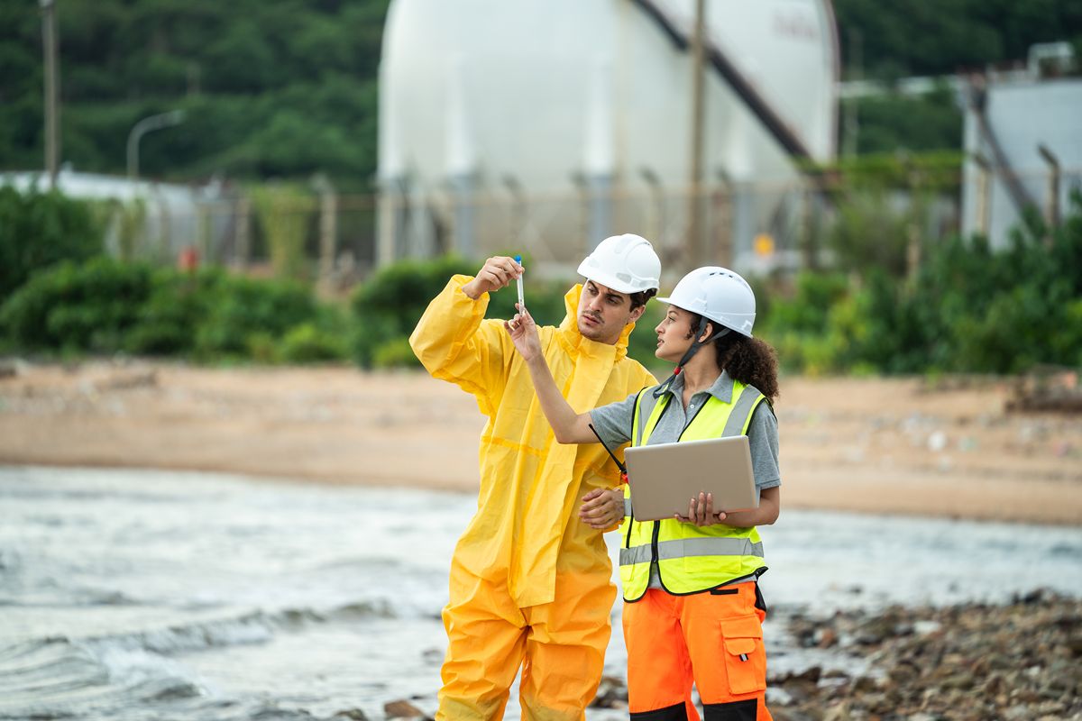 Water treatment workers collecting and checking a water sample near an outdoor facility